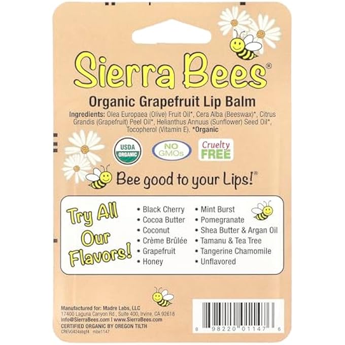 Sierra Bees , ORGANIC LIP BALMS, GRAPEFRUIT, 4 PACK.15 OZ (4.25 G) EACH - Image 3